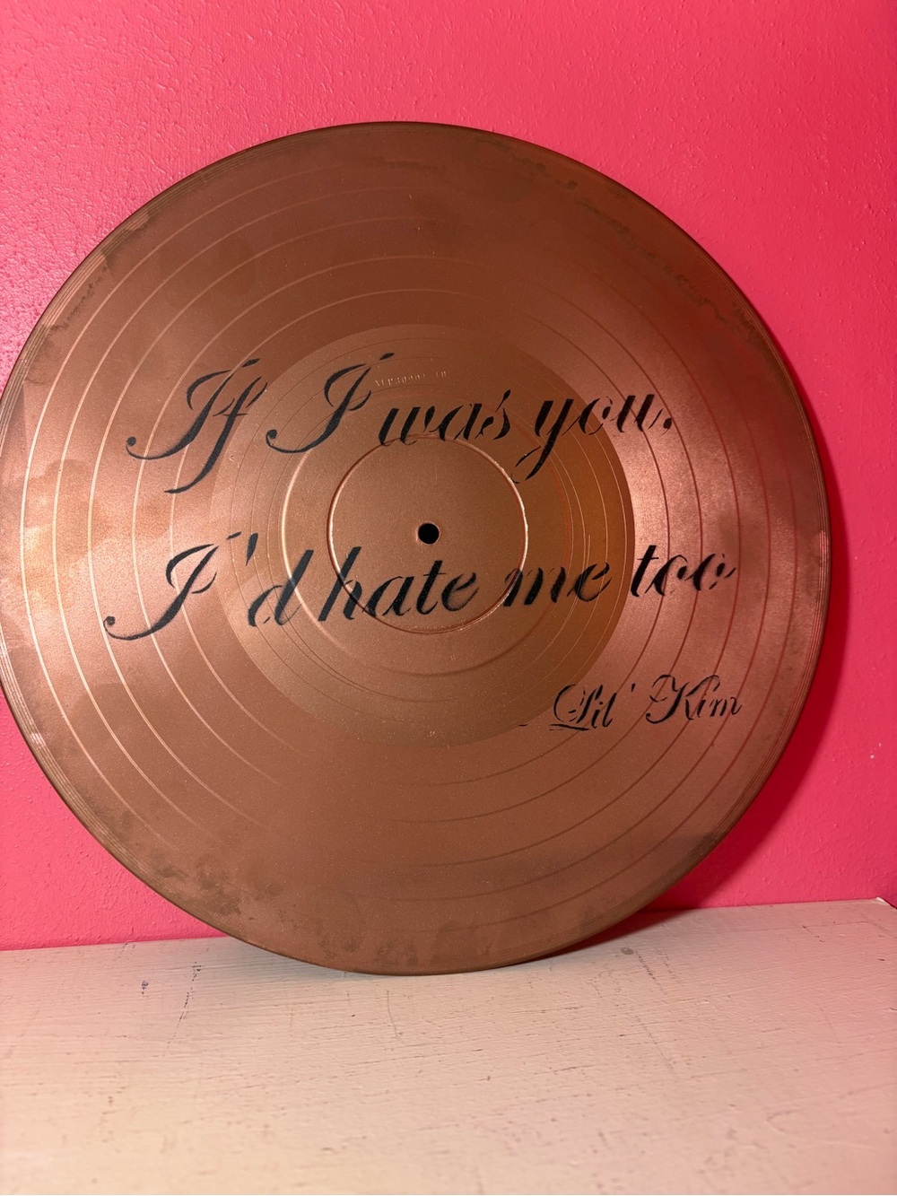 Original Stencil Painting on Recycled Vinyl Record Album Rose Gold Painting HATE